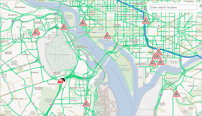 This map shows traffic incidents.<br/>_The image above is created based on the following demo: [Traffic and Incidents](dxdemo://Win/XtraMap/MainDemo/TrafficAndIncidents)_