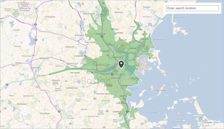 A route isochrone.<br/>_The image above is created based on the following demo: [Route Isochrones](dxdemo://Win/XtraMap/MainDemo/RouteIsochrones)_