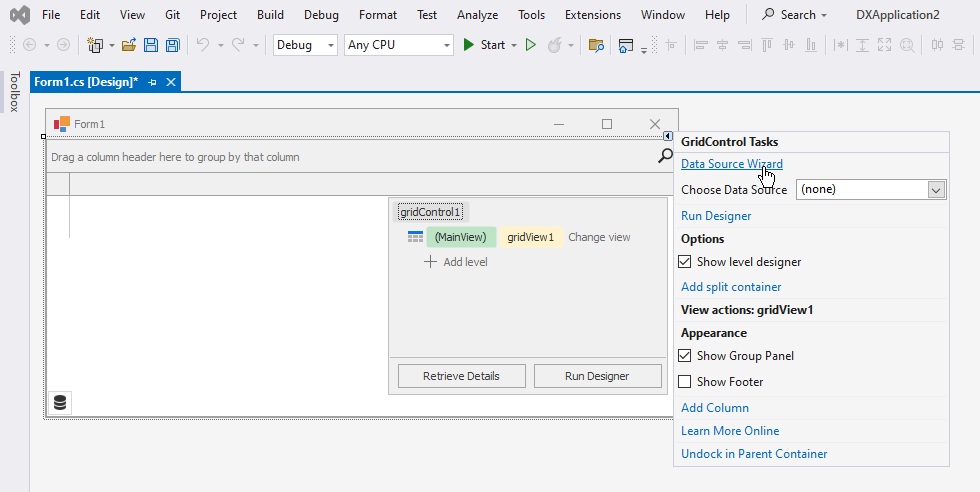 Open data source wizard in WinForms grid smart tag menu