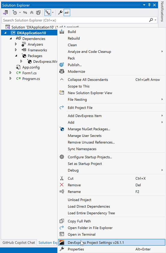 WinForms - Open the Project Settings Page, DevExpress