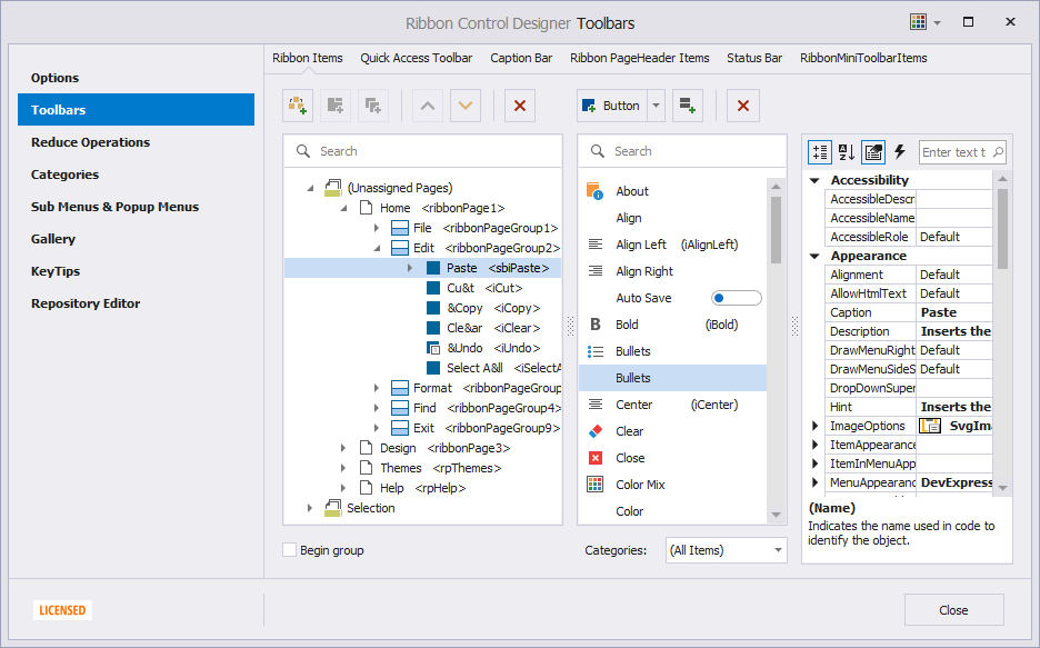 Ribbon Designer - Toolbars Page