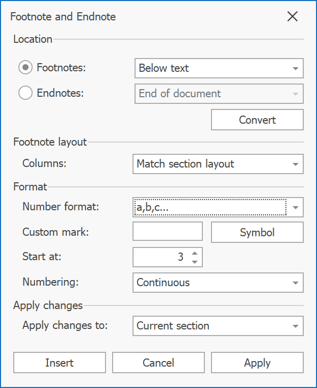 how to open the footnote endnote dialogue box