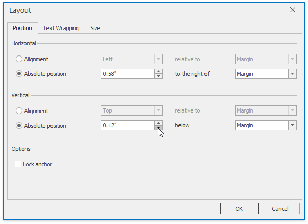 Shape Layout - Position tab