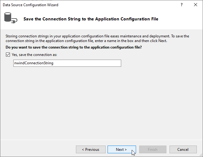 Save connection to application configuration file in WinForms Data Source Configuration Wizard