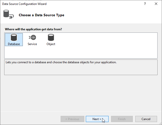 Select data source type in WinForms Data Source Configuration Wizard