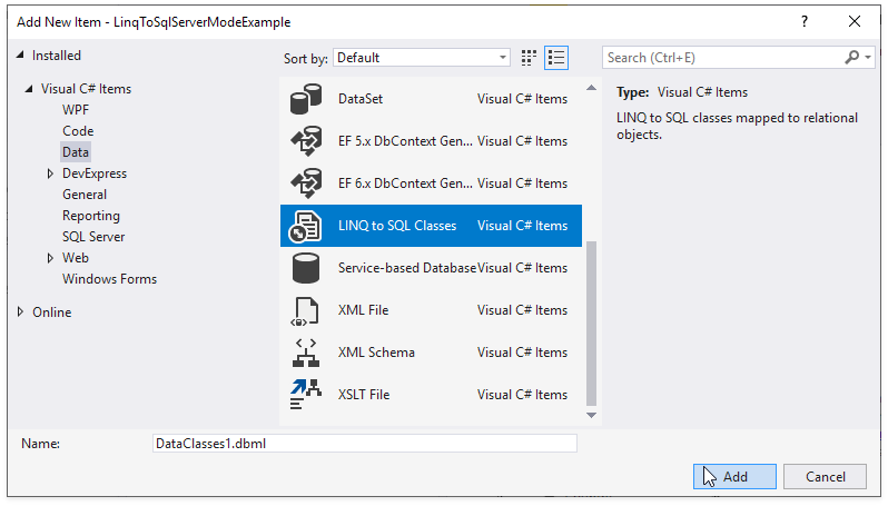 Server Mode LINQ  Add LINQ to SQL classes