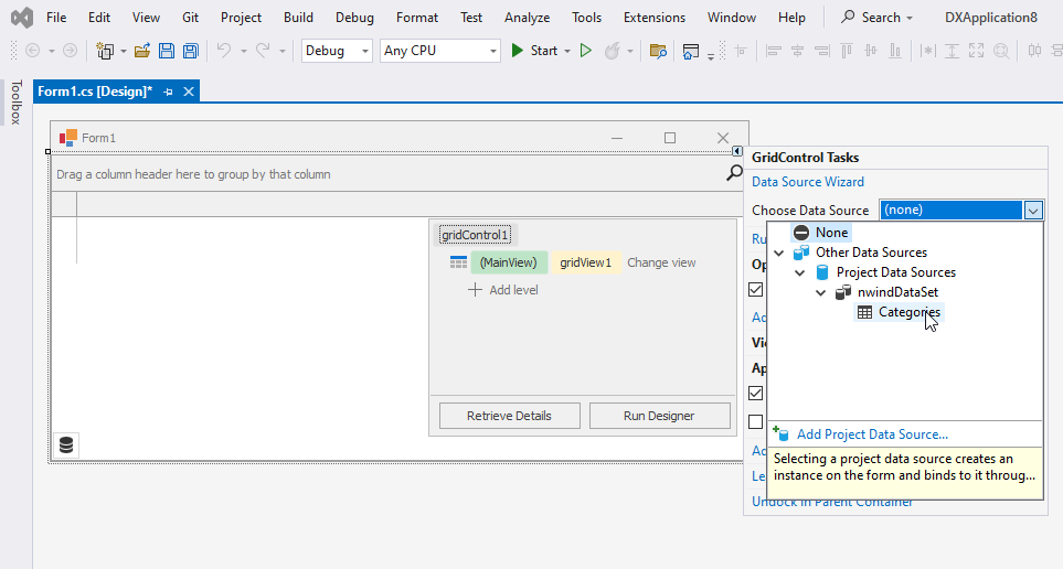 Set data source in WinForms Grid smart tag menu