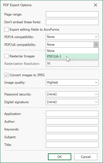 PDF Export Options Dialog