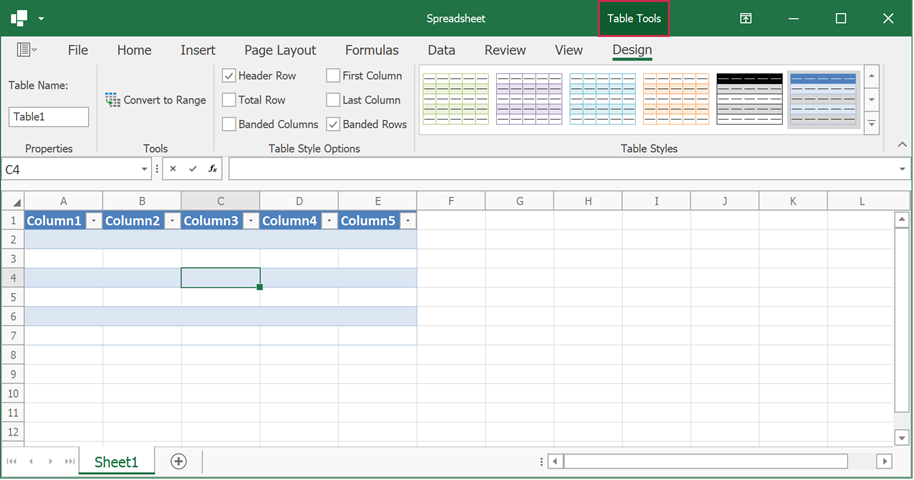 The Table Tools contextual tab