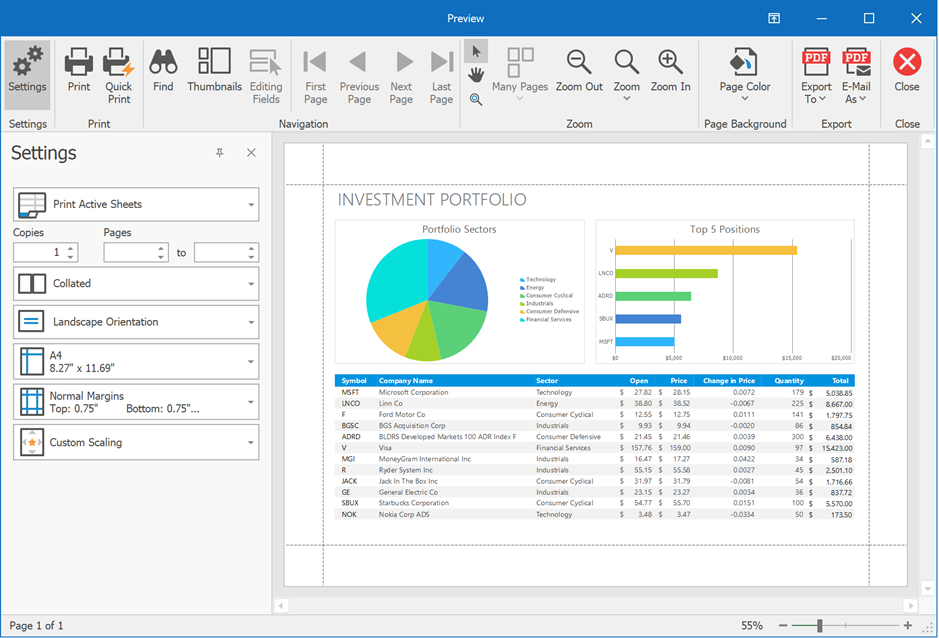 Spreadsheet Print Preview Dialog