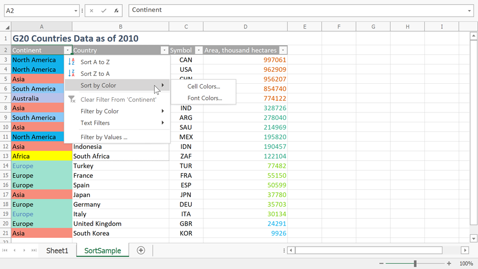 spreadsheet winforms sort by color filter menu