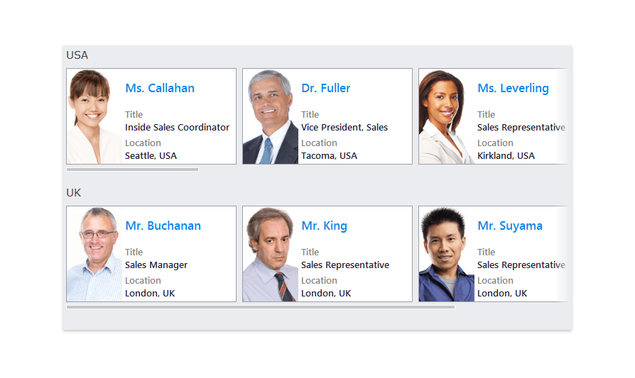 Tile View - **LayoutMode: Kanban** (Tiles are arranged in rows, with a separate column for each group; Independent row scrolling)<br/>Data Grouping: Enabled, Orientation: Vertical