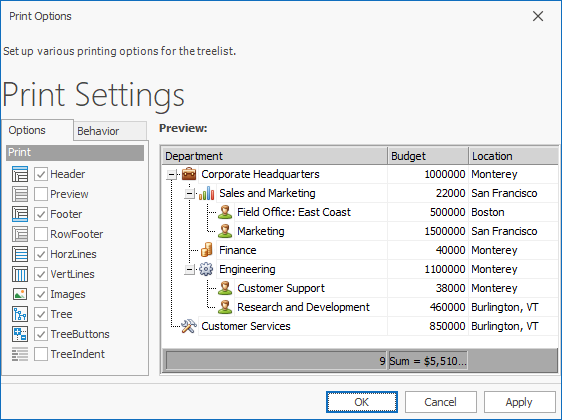 Tree List Print Options