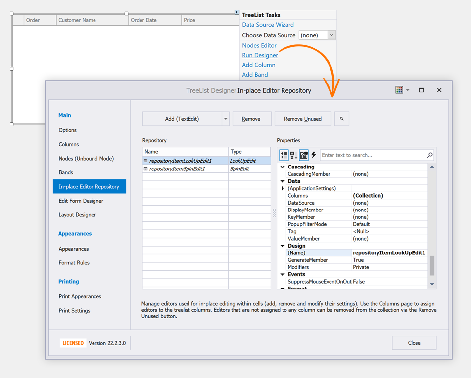 WinForms TreeList - Repository Items Designer