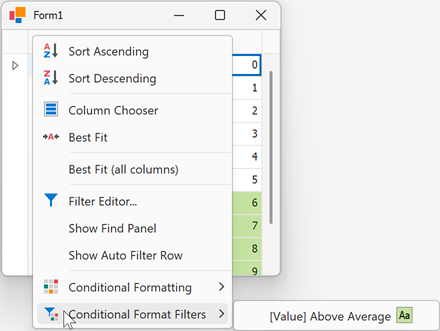 WinForms TreeList - Conditional Format Filters Item in Column Header Menu, DevExpress