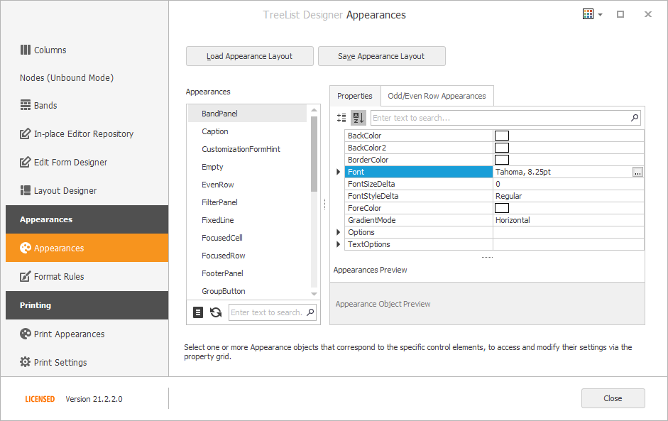 TreeListDesignerAppearancesPage