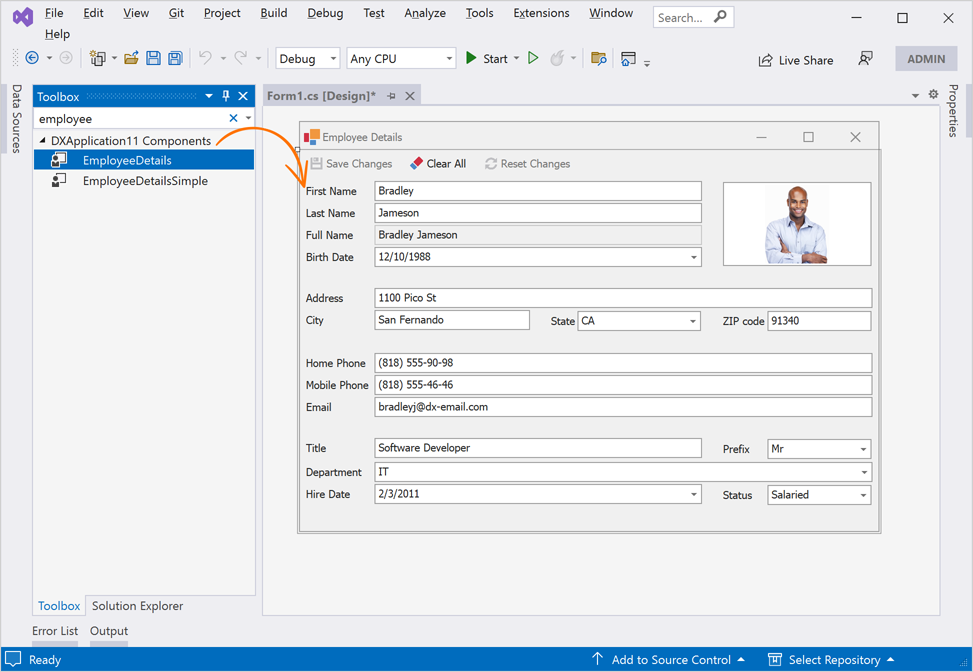 Getting Started with Employees Details UI Template, WinForms