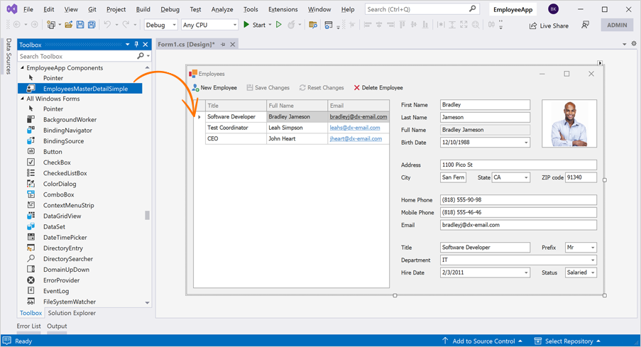 Getting Started with Employees Master-Detail UI Template, WinForms