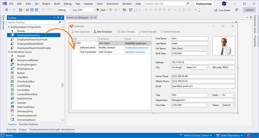 Getting Started with Employees Master-Detail Tree View UI Template, WinForms