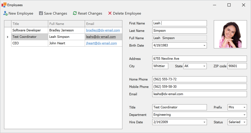 Employee Master-Detail UI - UI Templates for WinForms