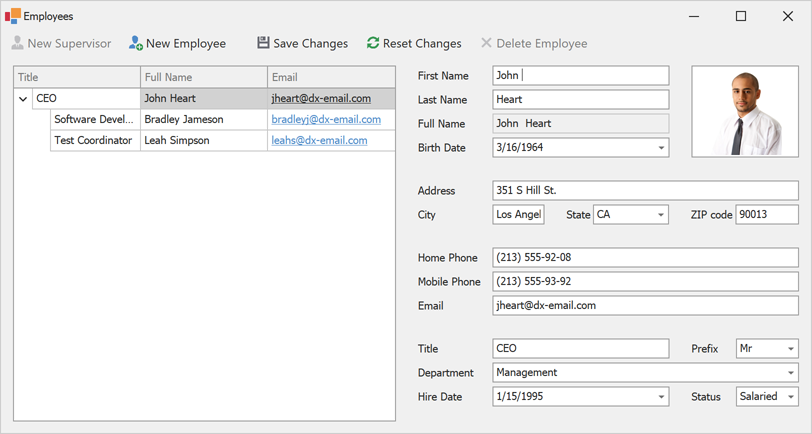 Employee Master-Detail Tree View - UI Templates for WinForms