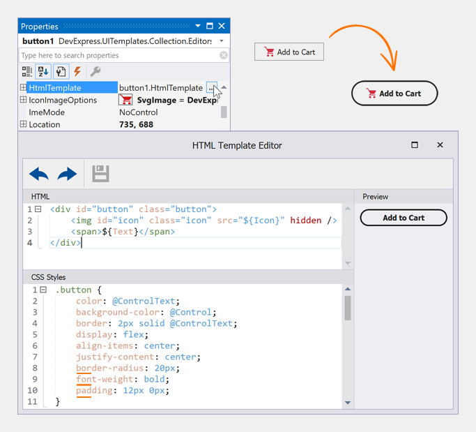 Custom Button HTML Template - WinForms UI Templates, DevExpress