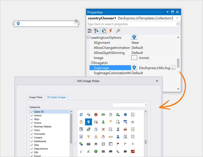 Country Chooser Leading Icon - WinForms UI Templates, DevExpress