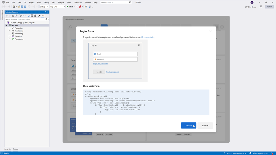 WinForms UI Templates Dialog - Install Template, DevExpress