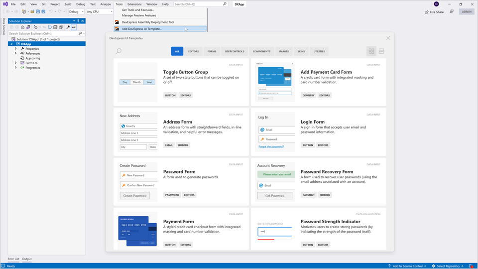 WinForms UI Templates Dialog, DevExpress