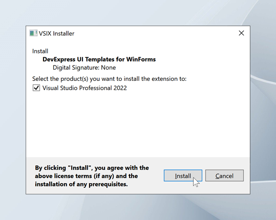 Select MS Visual Studio IDEs - Install WinForms UI Templates, DevExpress