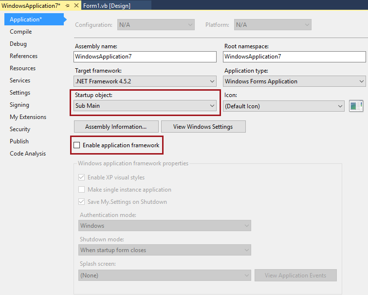 VB-CustomCodeOnAppStartup-Method1-01-DisableAppFramework