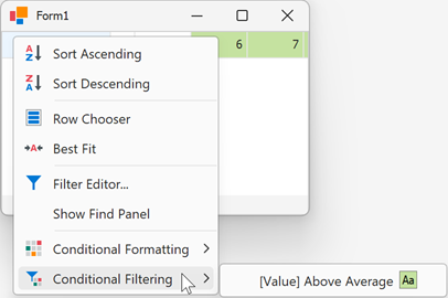 WinForms Vertical Grid - Conditional Format Filters Item in Column Header Menu, DevExpress