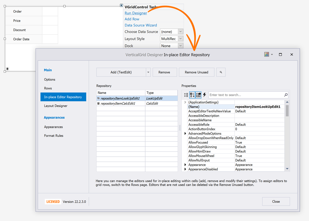 WinForms Vertical Grid - Repository Items Designer