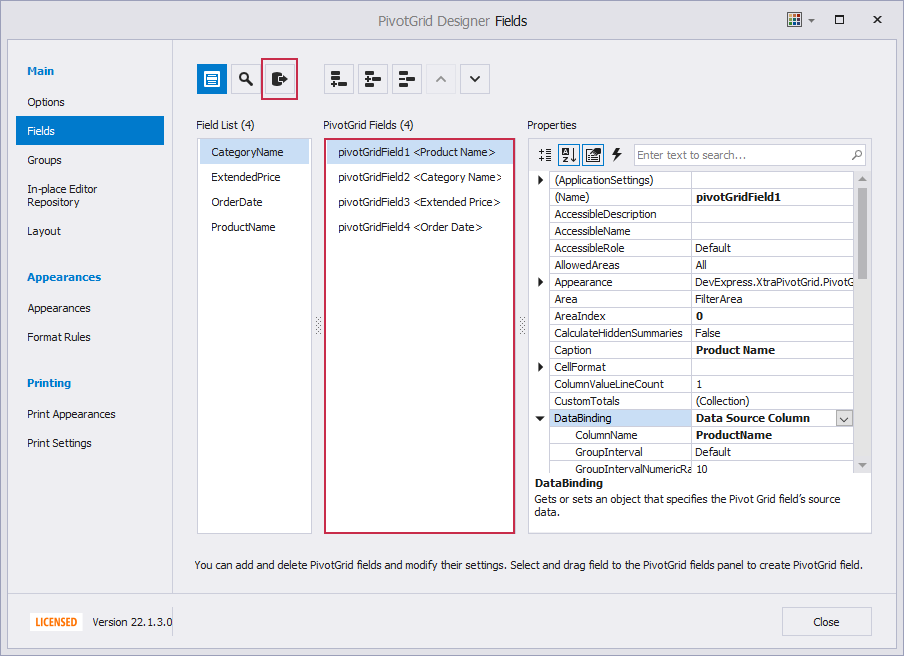 Create Pivot Grid fields in the designer