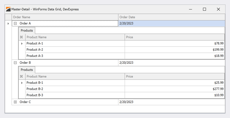 Bind to Master-Detail Data Objects - WinForms Data Grid