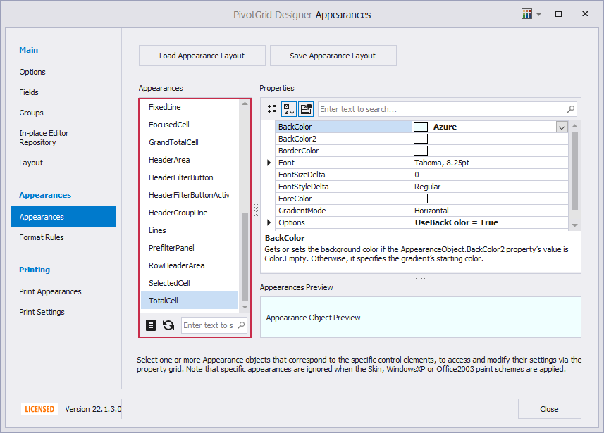 Specify background color of total cells