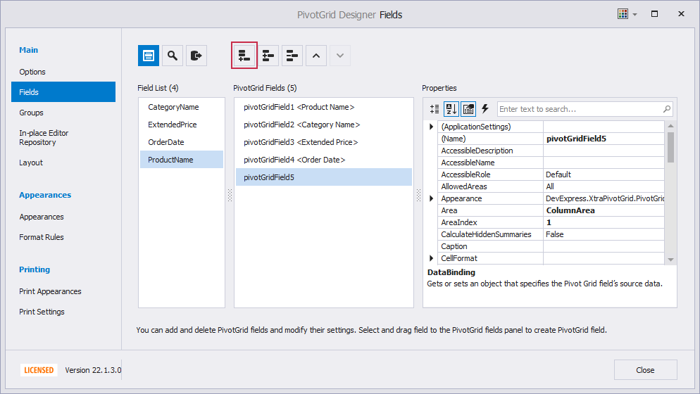 Create a new field in the PivotGrid Designer