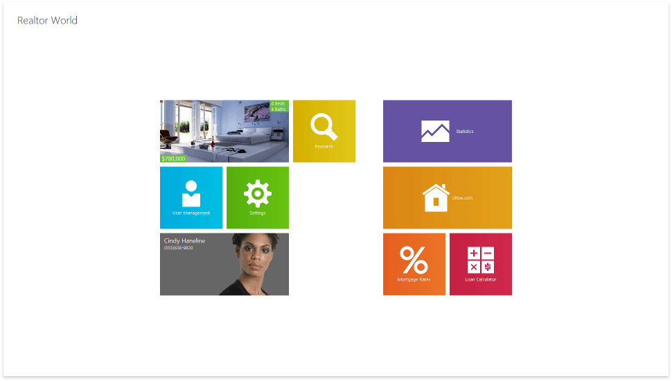 **1. Overview screen**<br/>Static or animated (live) tiles that navigate users to other applications