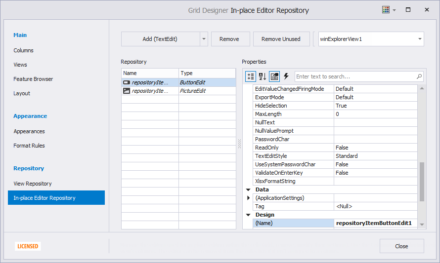 WinExplorer View - Designer - Repository items