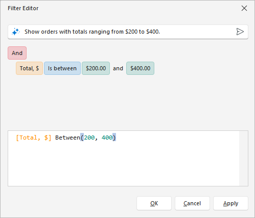Filter Editor with Prompt to Expression (Result) - WinForms Data Grid, DevExpress