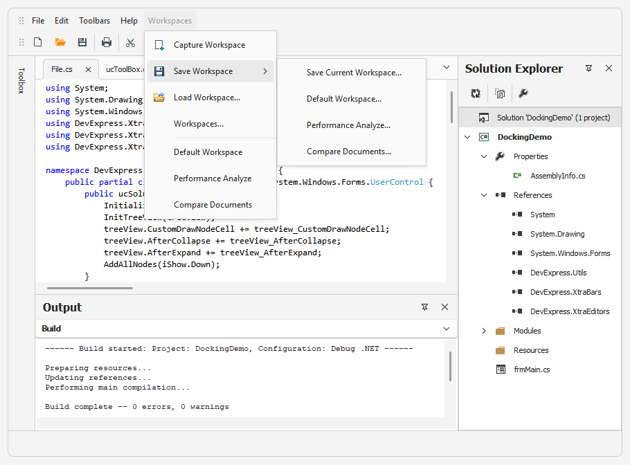 WinForms Workspace Manager, DevExpress