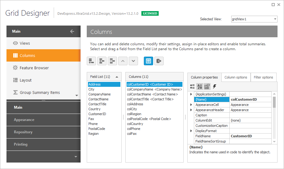 Grid Designer_ColumnDesigner Page