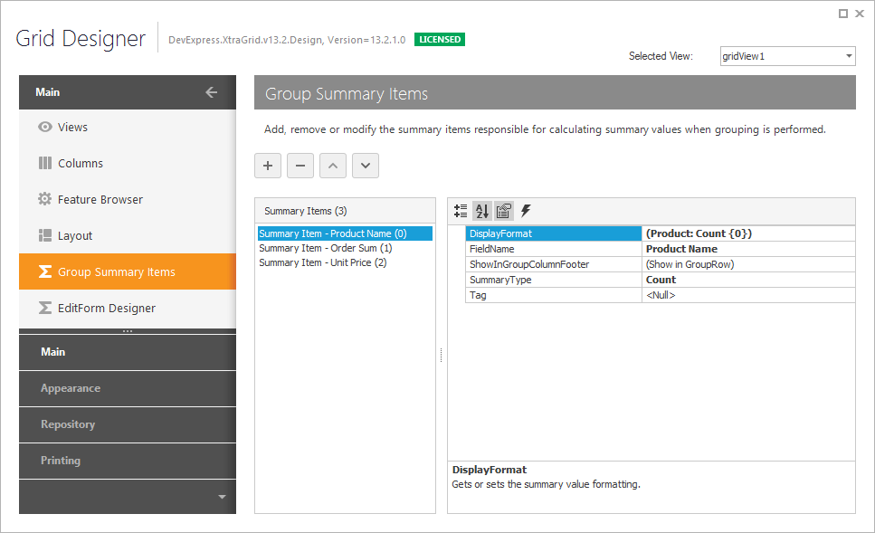 Grid Designer_GroupSummaryItems Page