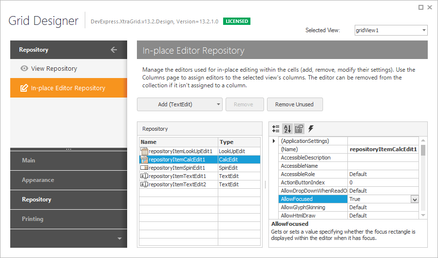 Grid Designer_RepositoryEditor Page