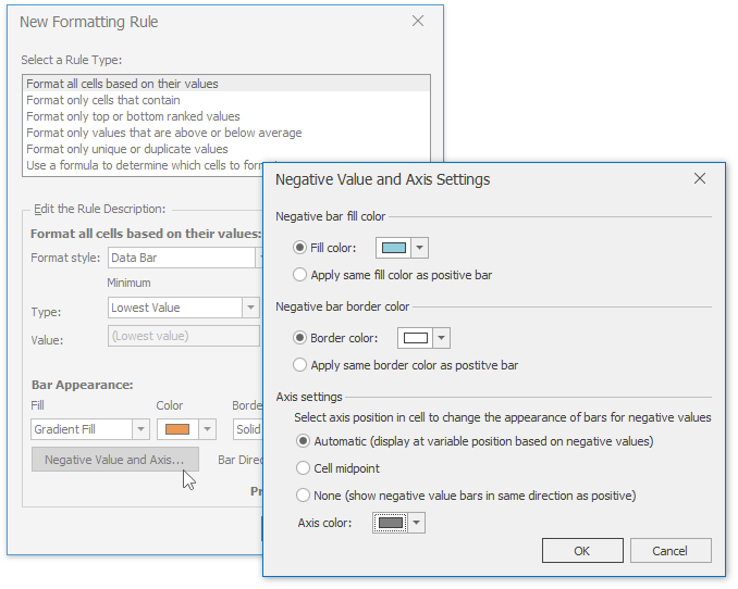 XtraSpreadsheet_NewFormattingRule_NegativeValueAndAxisColor