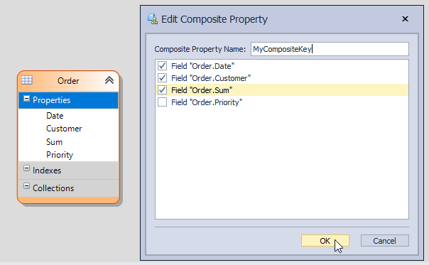 data model designer select properties for a composite key