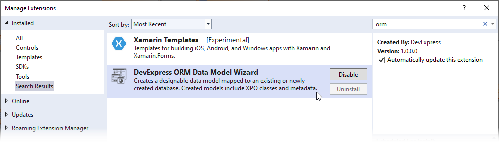 orm wizard manage extensions