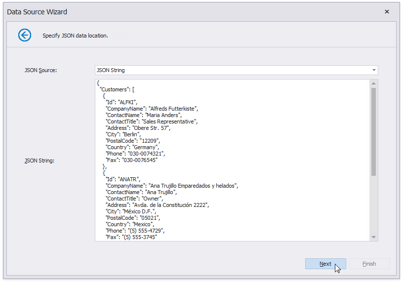 Choose **JSON String** and provide the JSON data string.