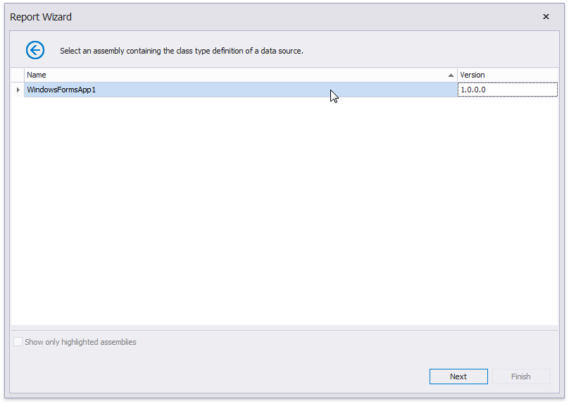 **Select the assembly that contains the class type to bind**