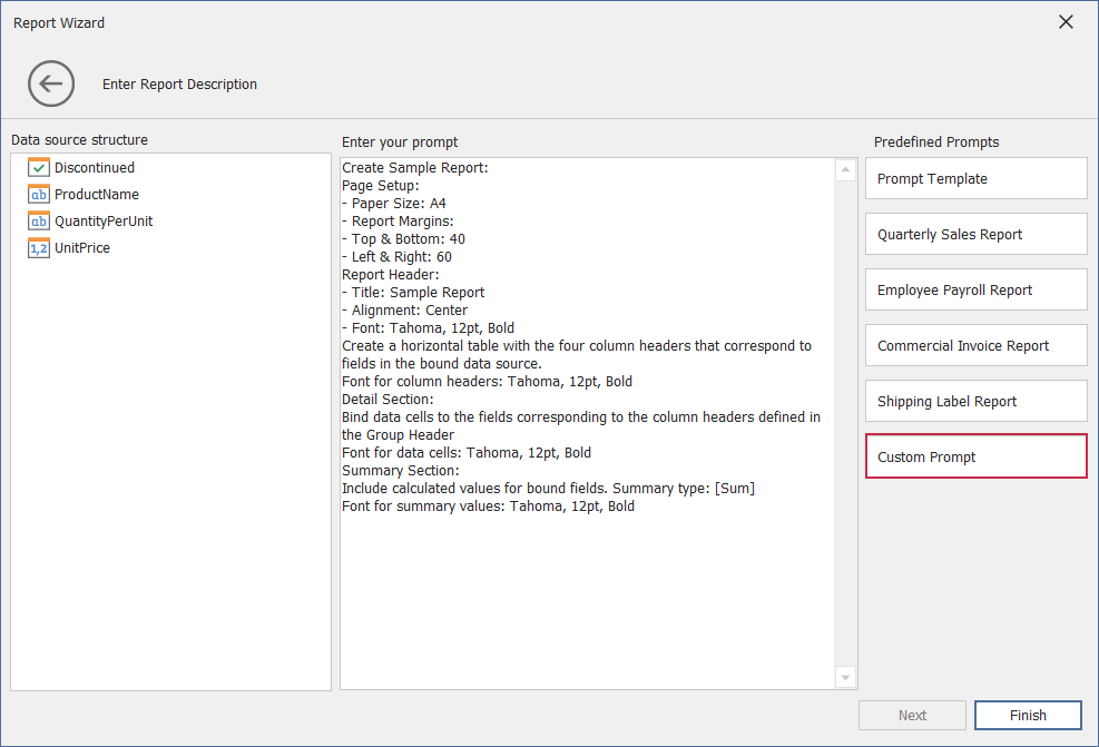 WinForms Report Designer - Custom Prompt in the Report Wizard
